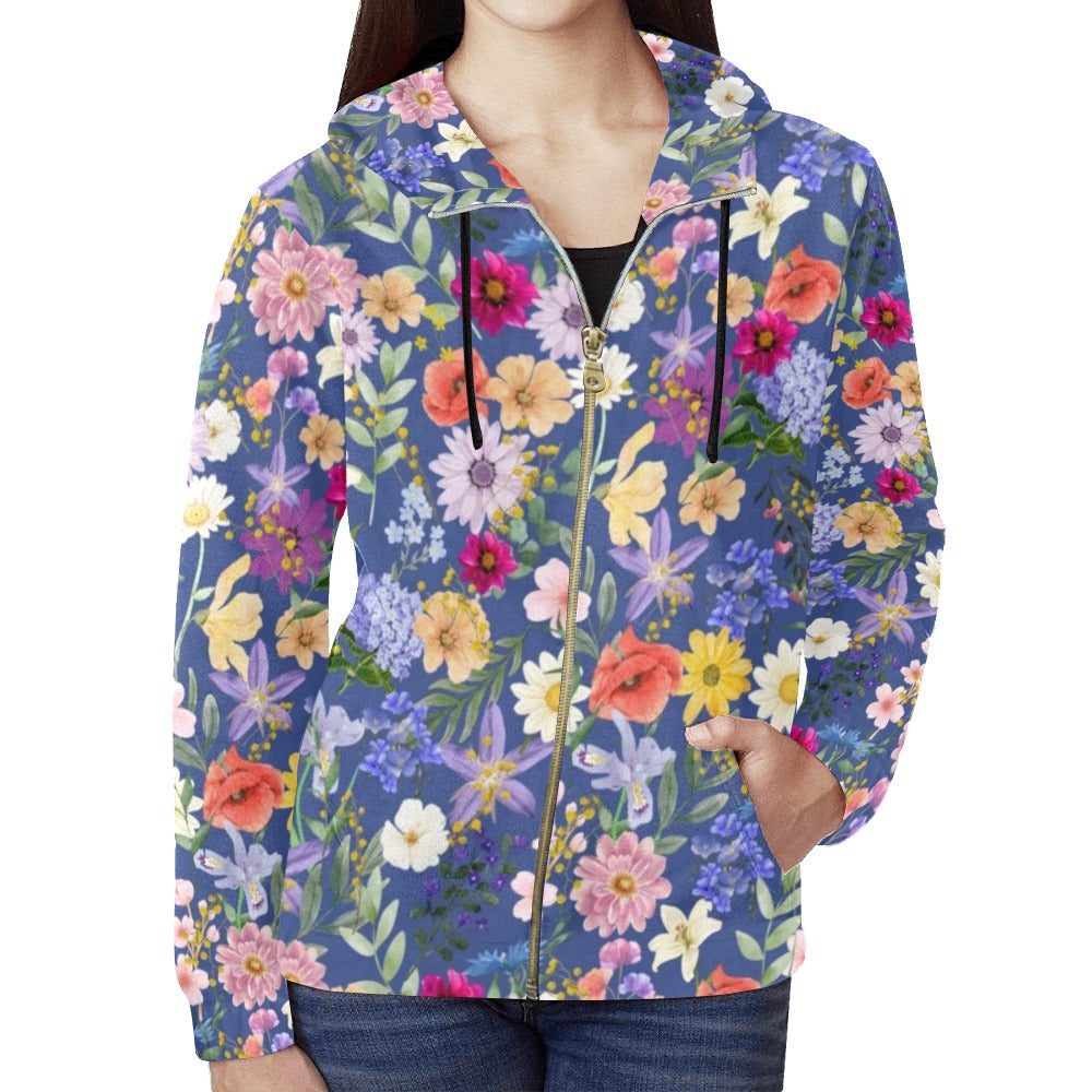 Blue Colourful Floral Full Zip Hoodie up to 2 XL