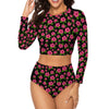 Graphic Pink Hibiscus Black Long Sleeve Surfing Swimsuit up to 2 XL