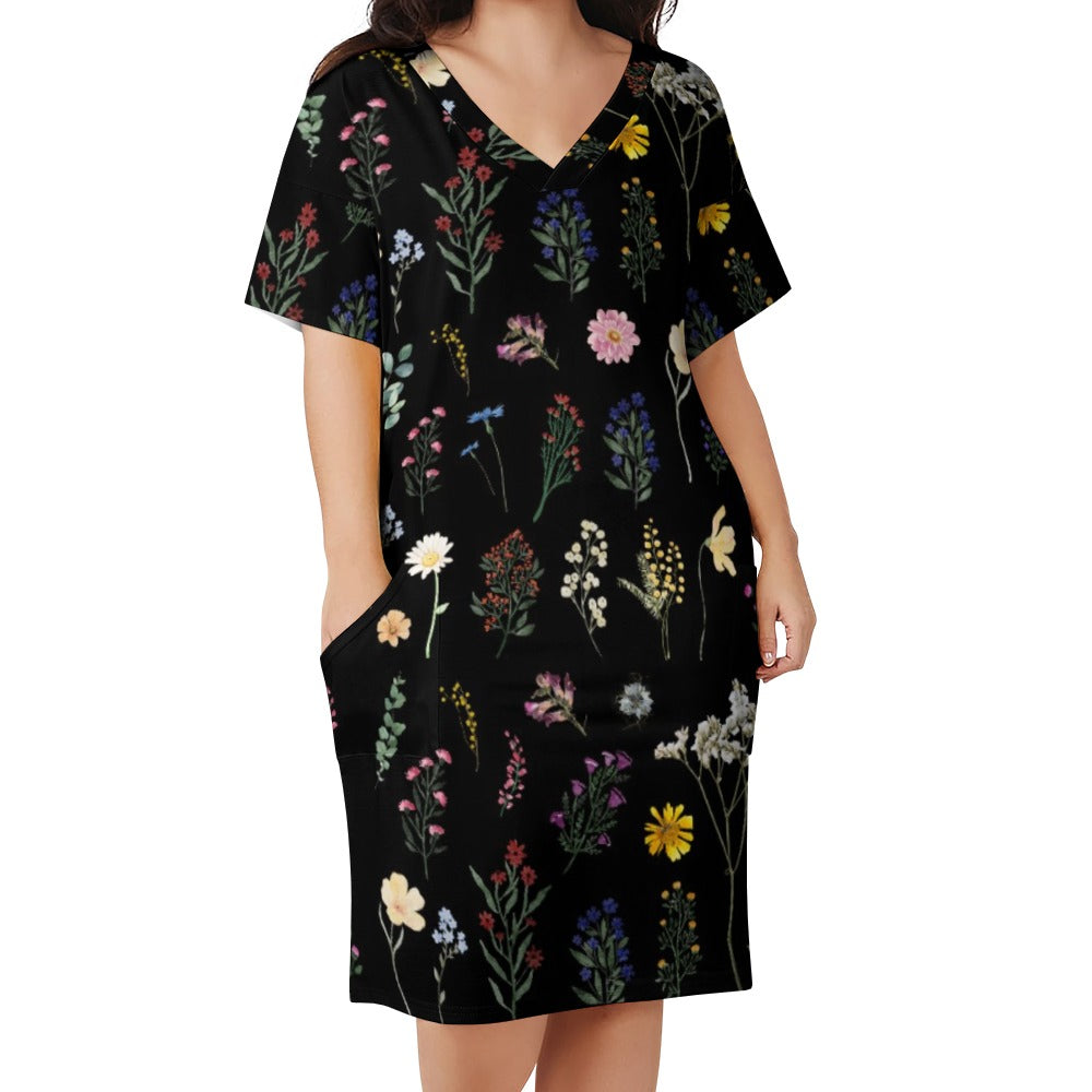 Wildflowers Black V Neck Loose Pocket Dress up to 5 XL (FWS)