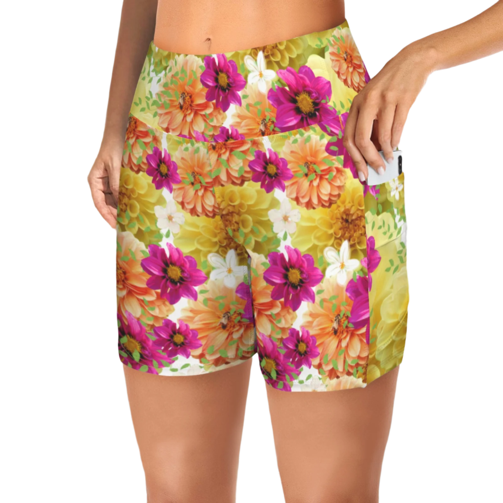 Graphic Dahlias 2 Yoga Shorts with Pockets up to 5 XL (FWS)