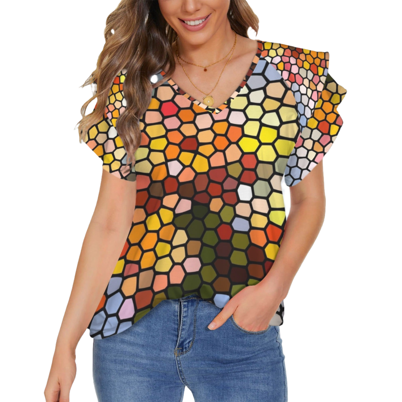 Fresh Frangipanis Stained Glass Double Ruffle Sleeve Top up to 5 XL (FWS)