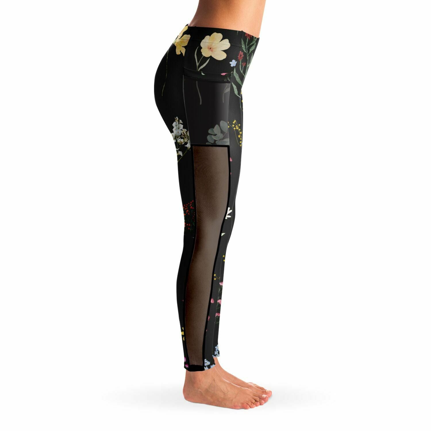 Wildflowers Black Mesh Panel Side Pockets Leggings (FWS)