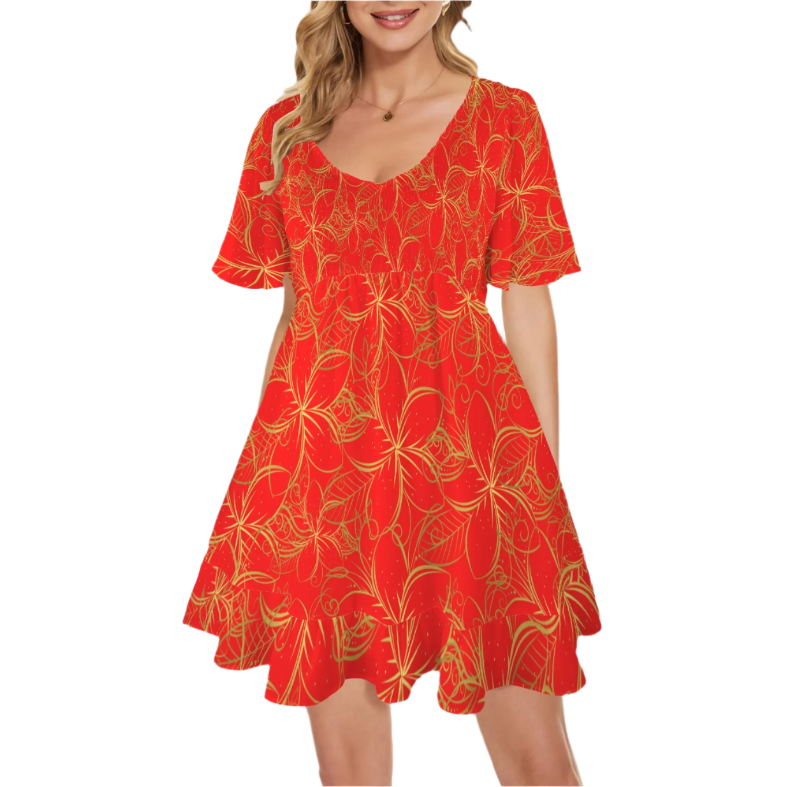 Golden Frangipani Red V Neck Flutter Sleeves Dress up to 5 XL (FWS) 1