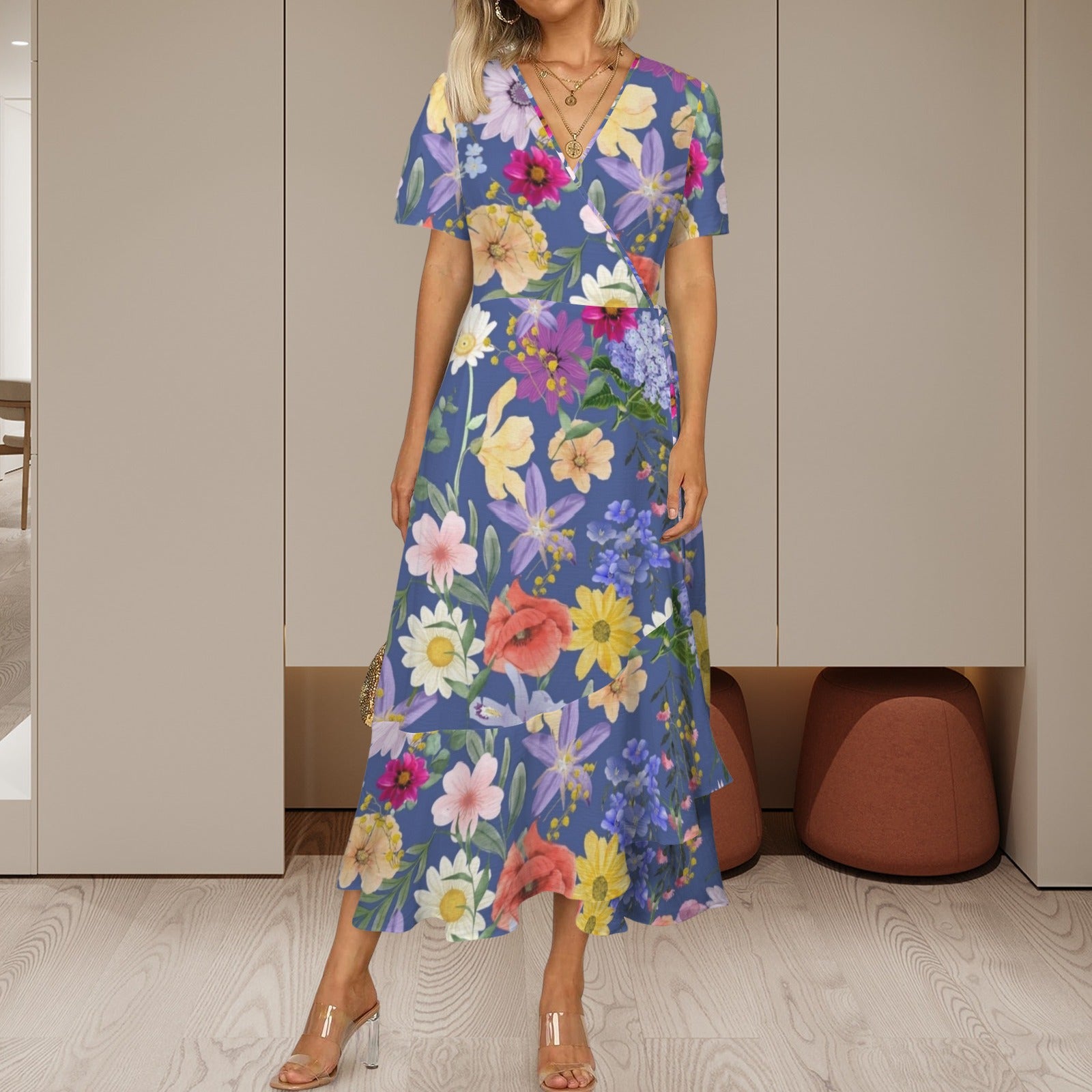 Blue Colourful Floral Women's Maxi Dress up to 5 XL (FWS)