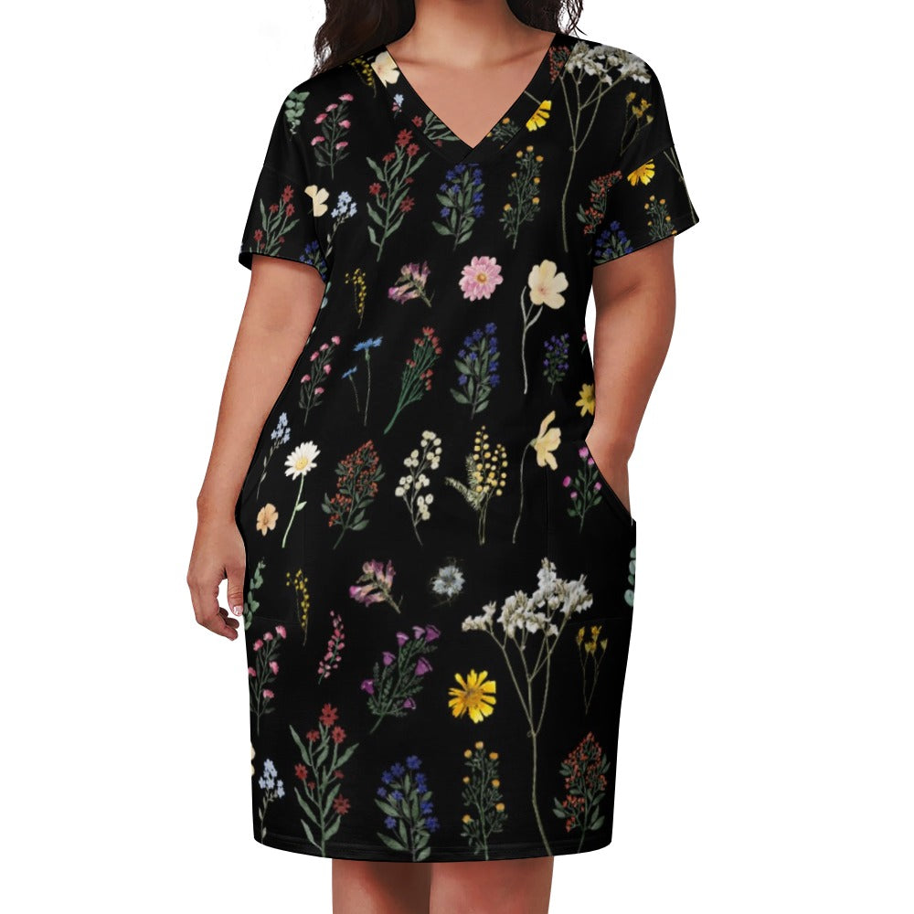 Wildflowers Black V Neck Loose Pocket Dress up to 5 XL (FWS)