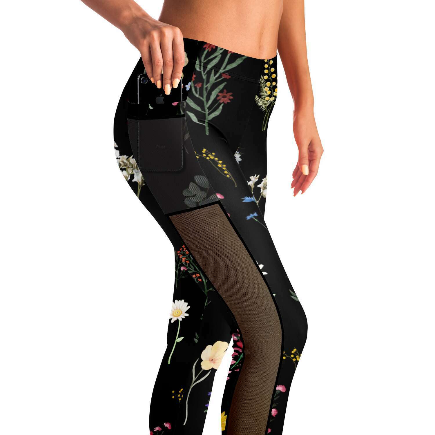 Wildflowers Black Mesh Panel Side Pockets Leggings (FWS)