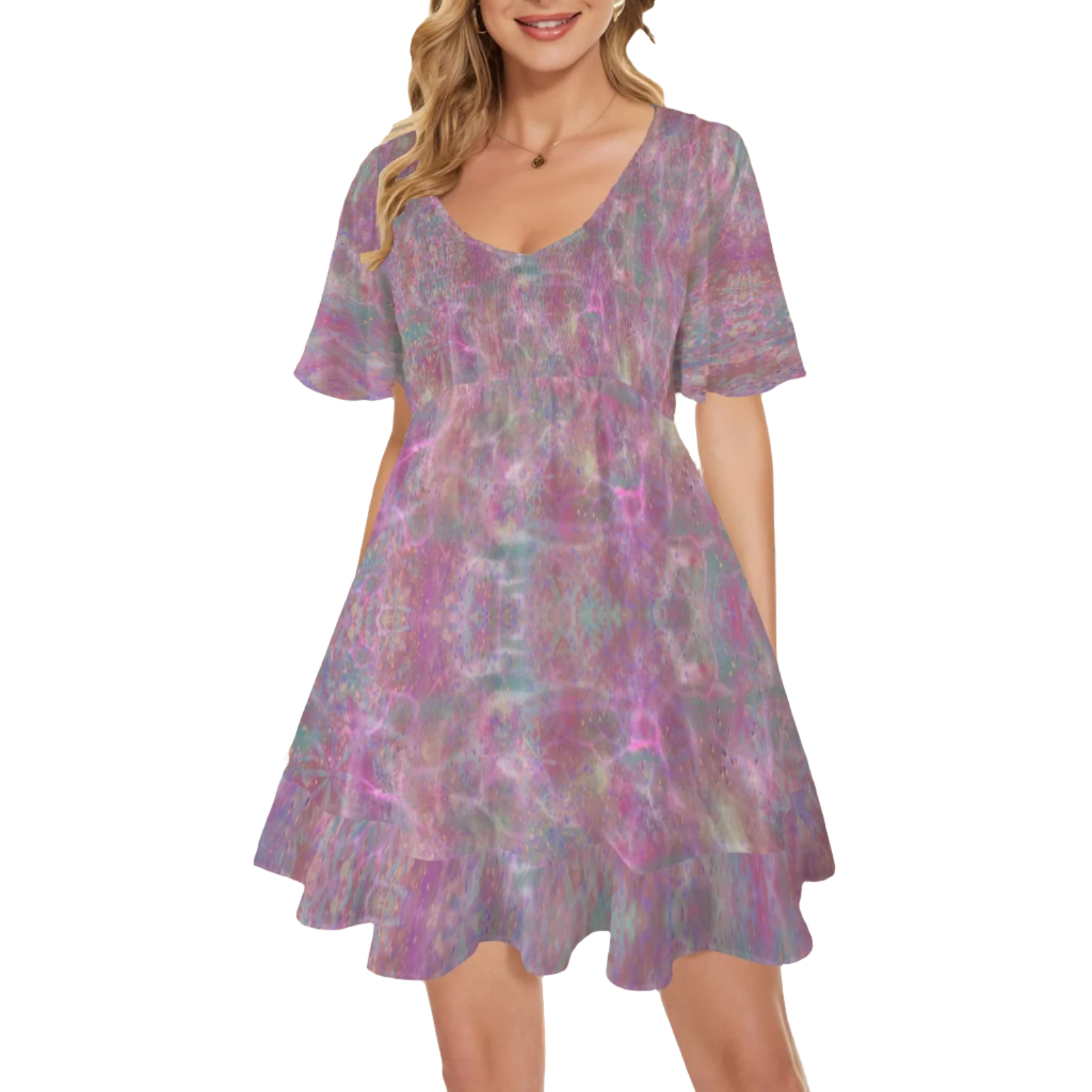 Pink Love Flutter Sleeves V Neck Dress up to 5 XL (FWS)