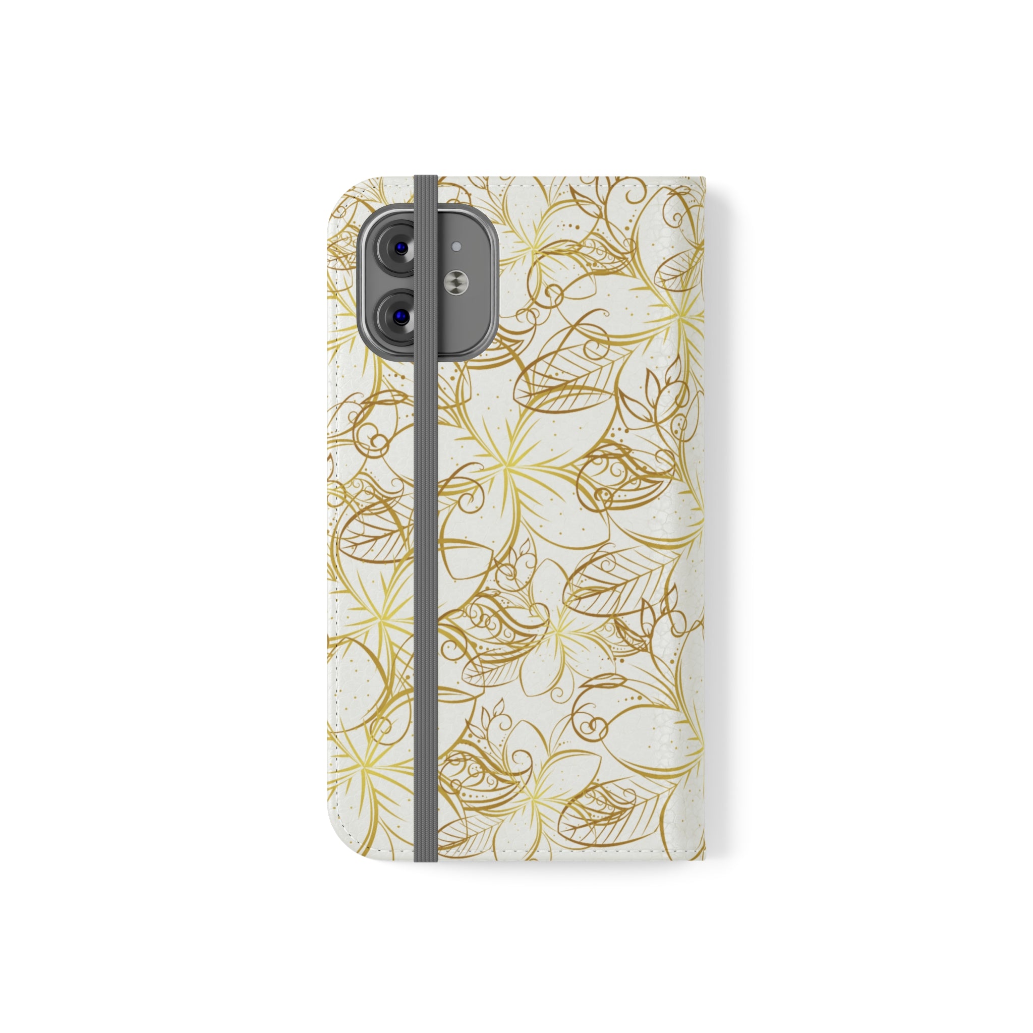 Golden Frangipanis White Wallet Style Phone Case Vegan Leather