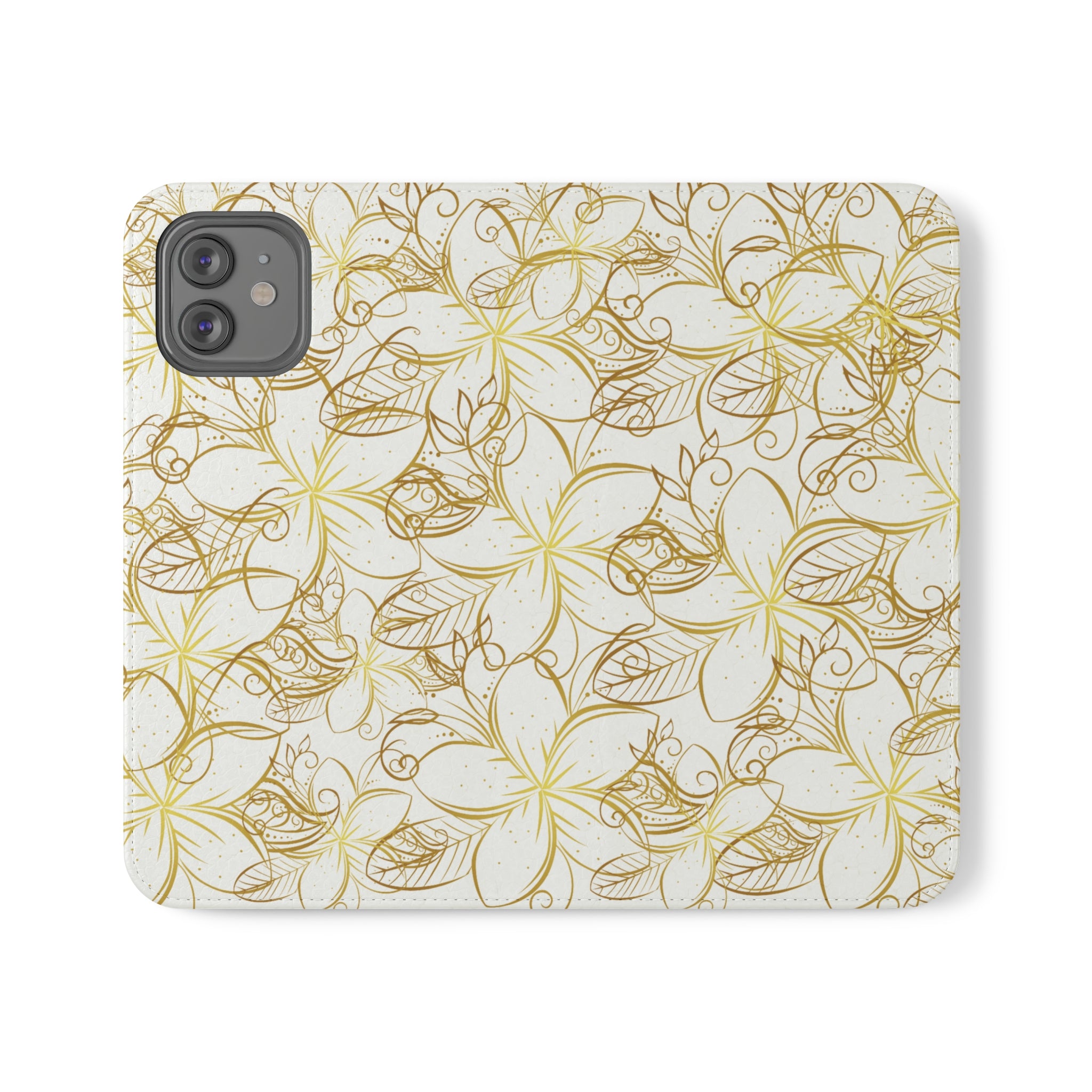 Golden Frangipanis White Wallet Style Phone Case Vegan Leather