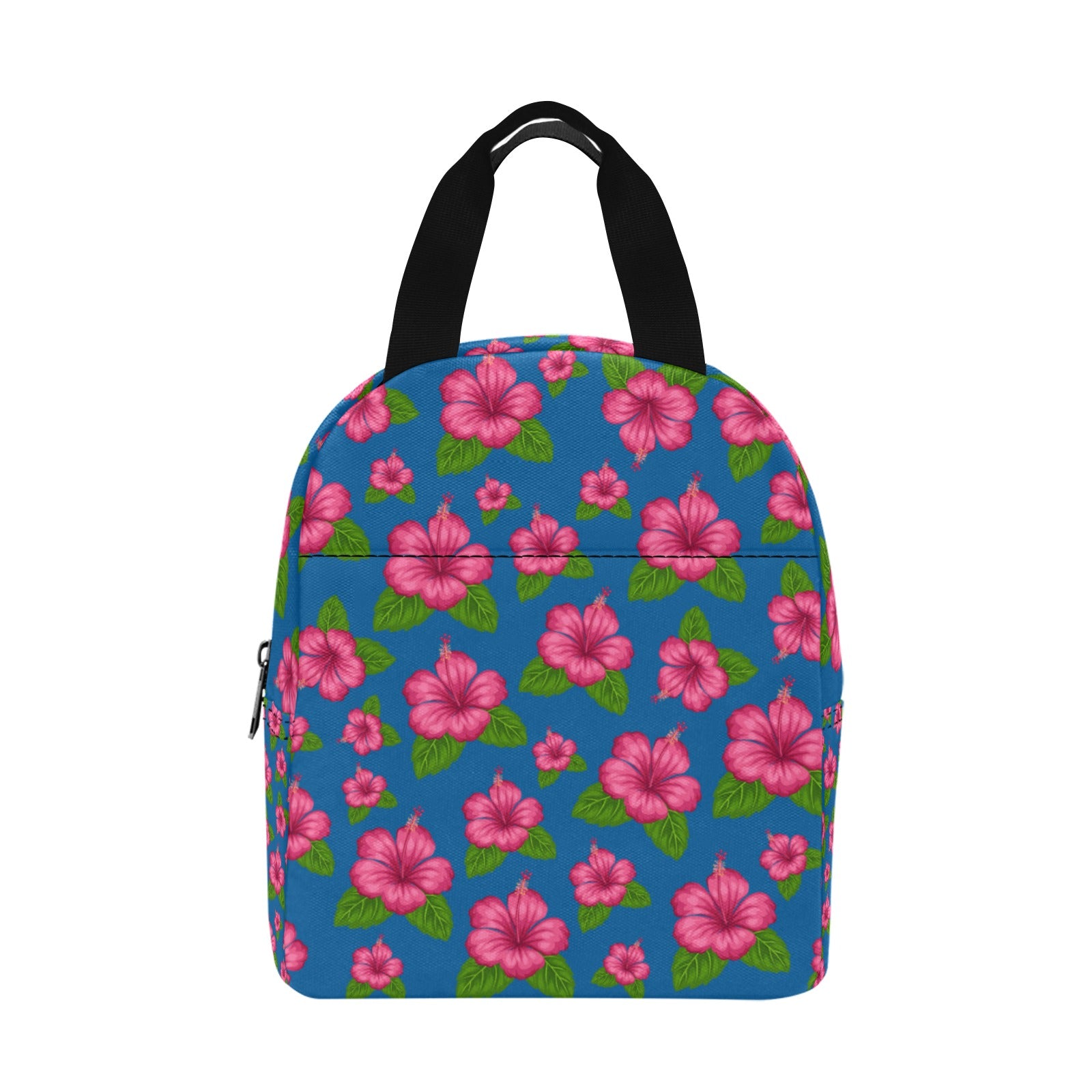 Graphic Pink Hibiscus Blue Insulated Zipper Lunch Bag