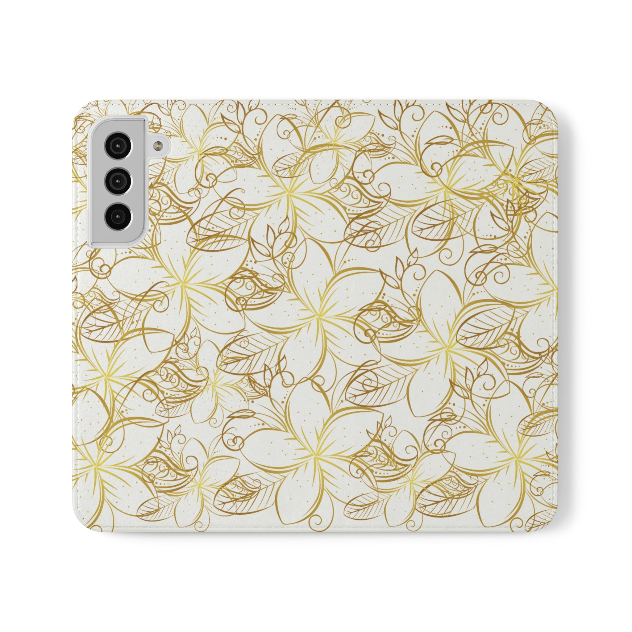 Golden Frangipanis White Wallet Style Phone Case Vegan Leather