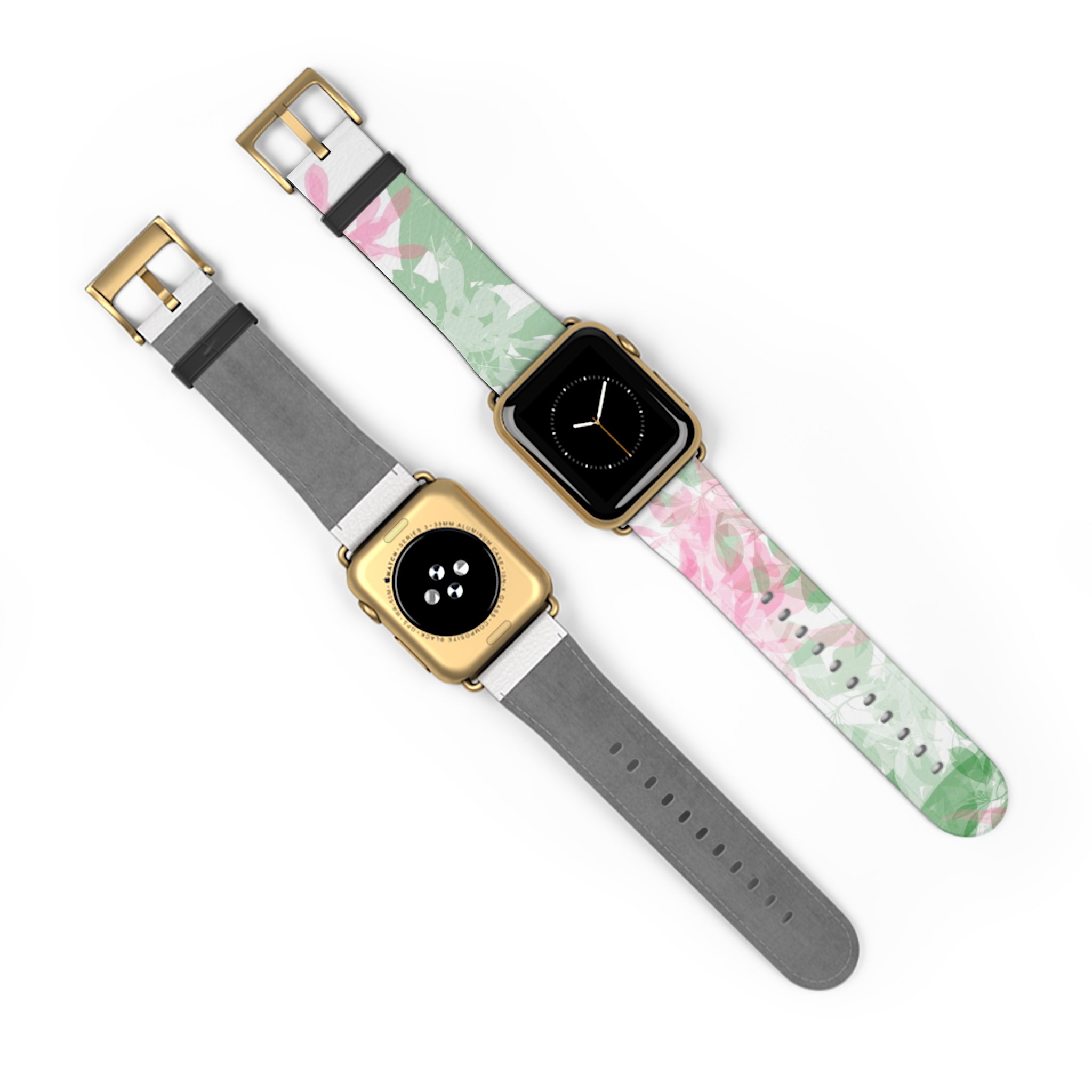 Green & Pink Leaves Apple iWatch Replacement Strap Vegan Leather (FWS)