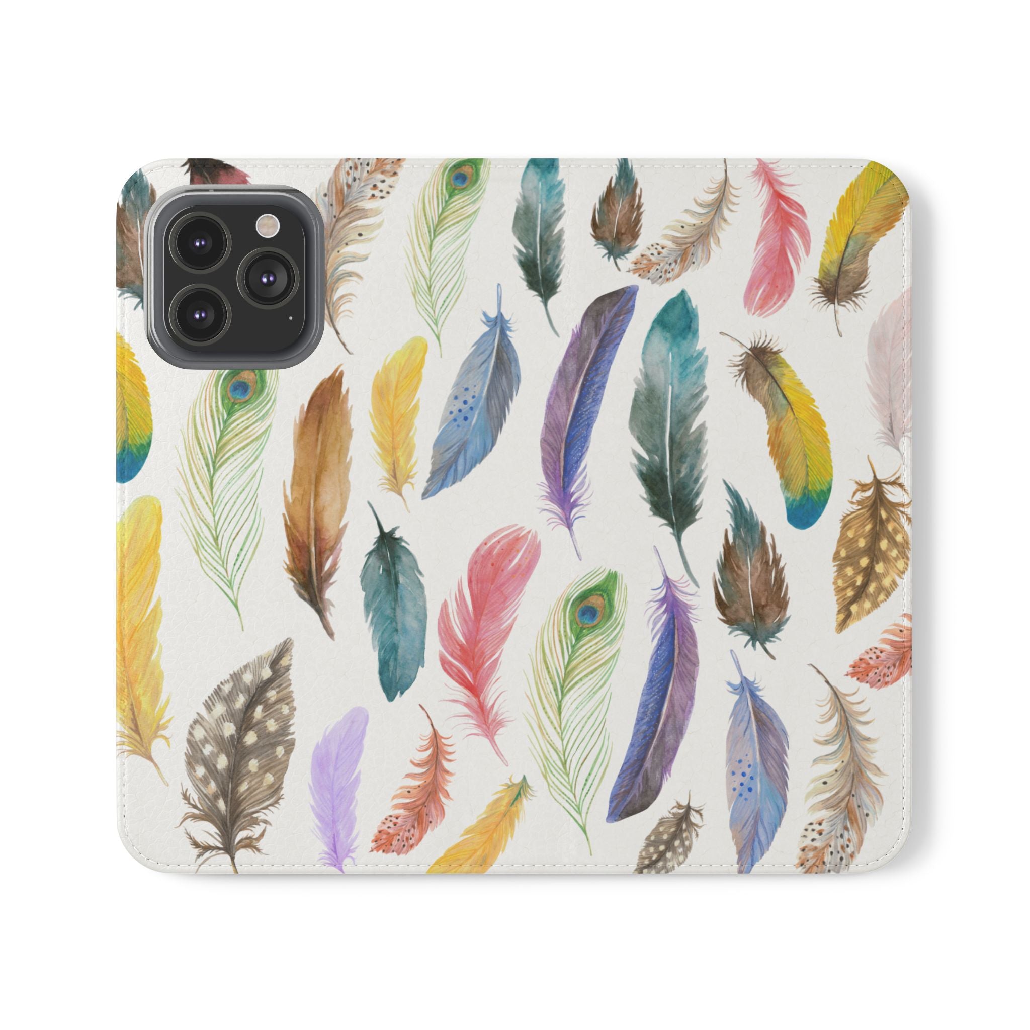 Colourful Feathers Wallet Style Phone Case Vegan Leather