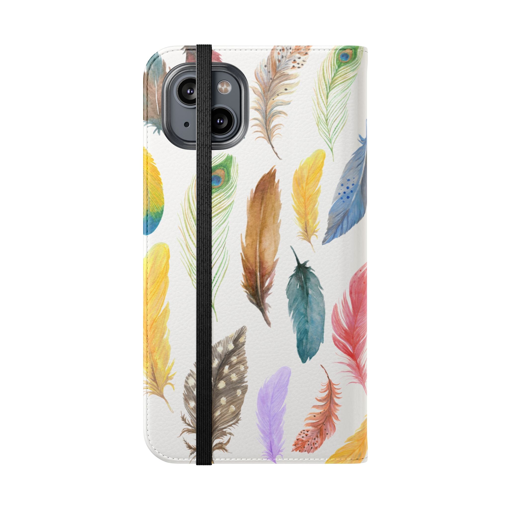 Colourful Feathers Wallet Style Phone Case Vegan Leather