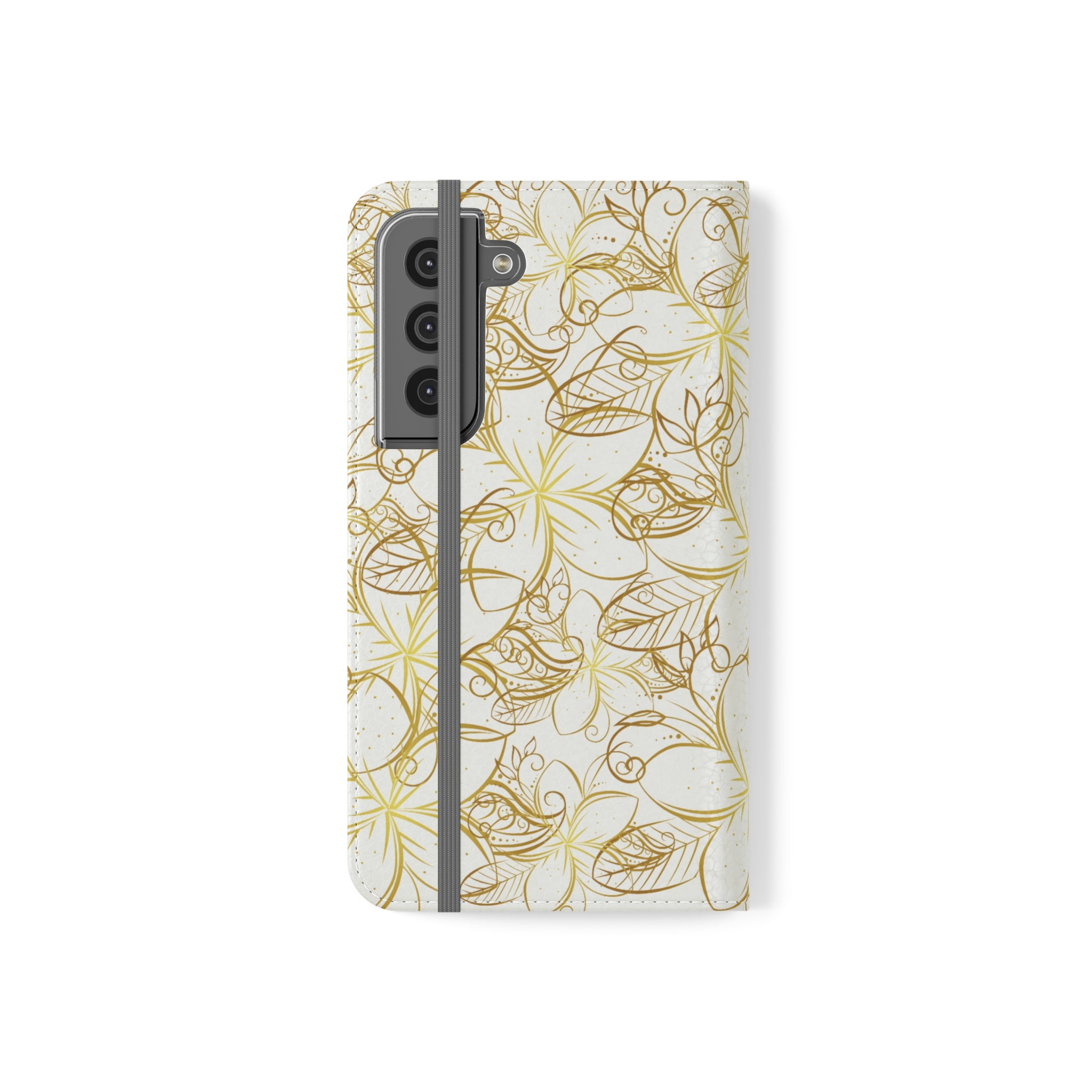 Golden Frangipanis White Wallet Style Phone Case Vegan Leather