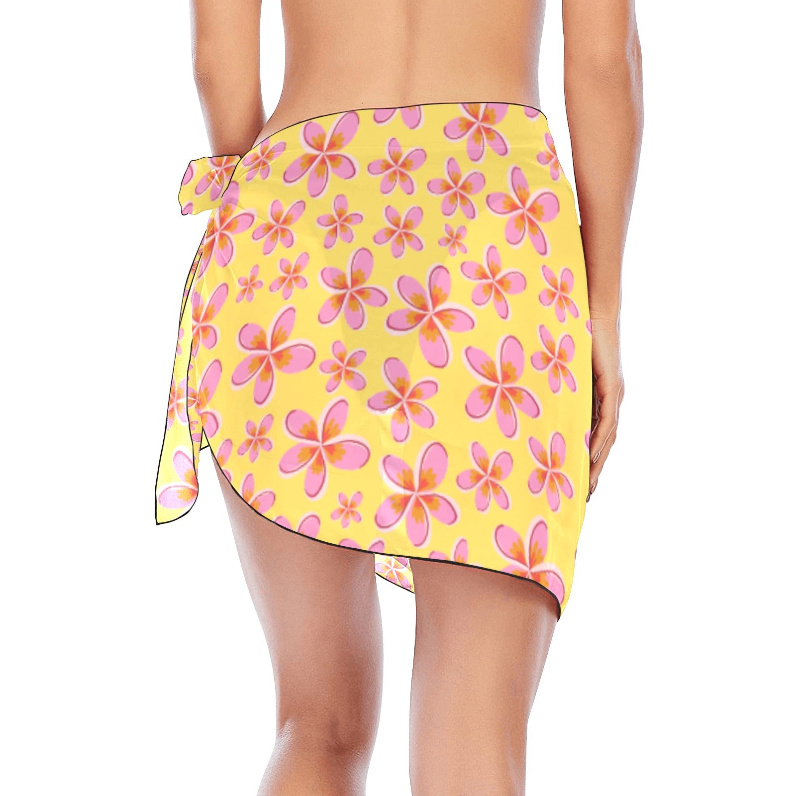 Graphic Pink Frangipanis Yellow Short Chiffon Sarong Wrap up to 2 XL (FWS)