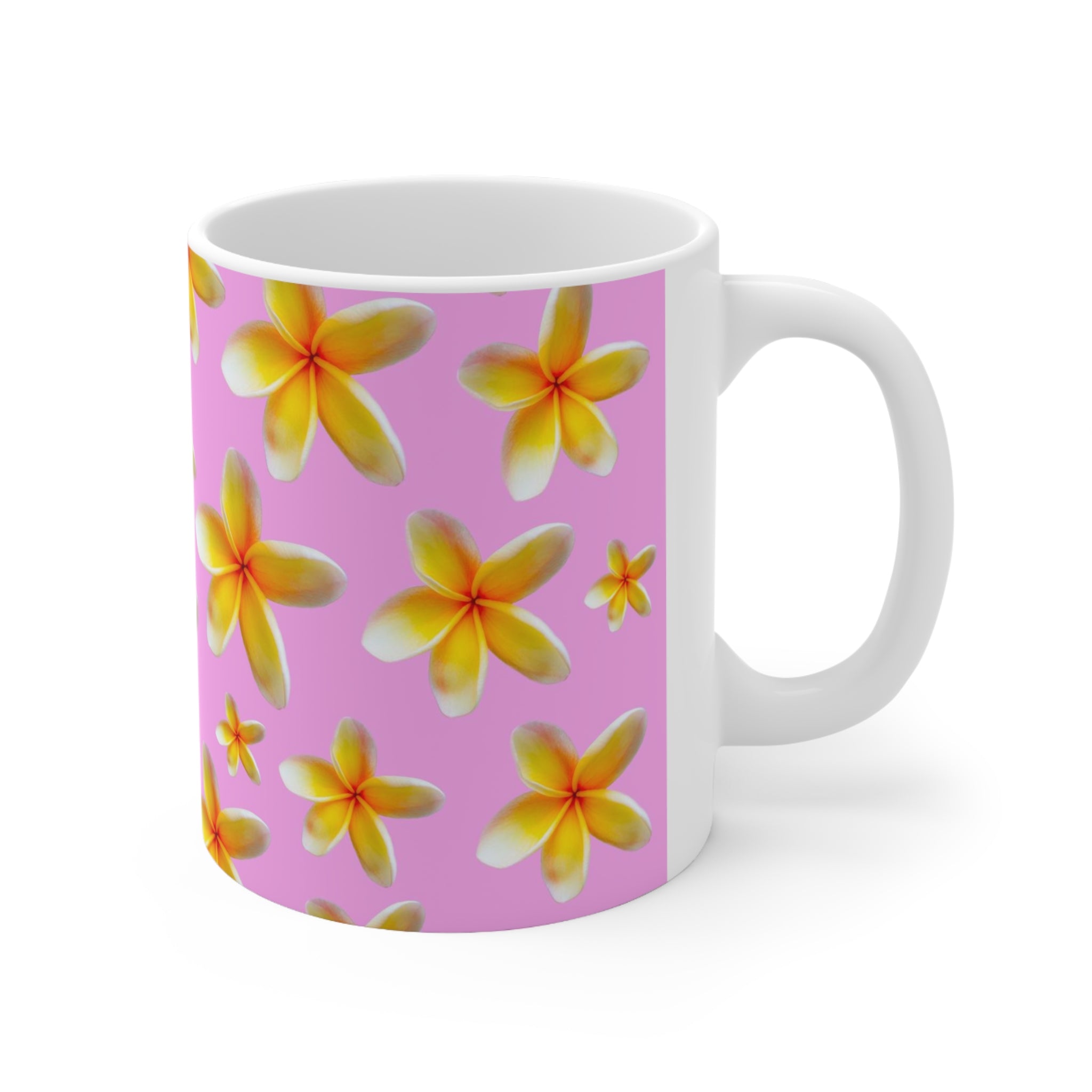 Yellow Frangipanis Pink Mug 11oz (Microwave & Dishwasher Safe)