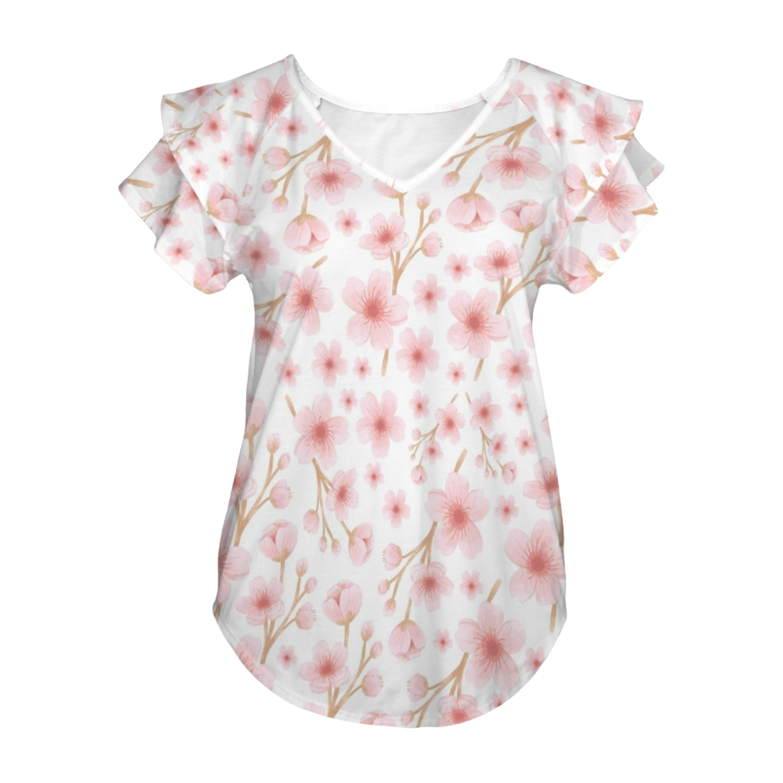 Japanese Pink Flowers White V Neck Double Ruffle Sleeve Top up to 5 XL (FWS)