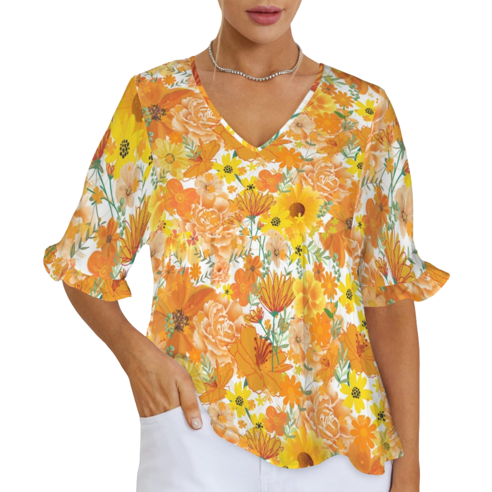 Orange & Yellow Floral White Longer Ruffle Sleeve Top up to 5 XL (FWS) 1