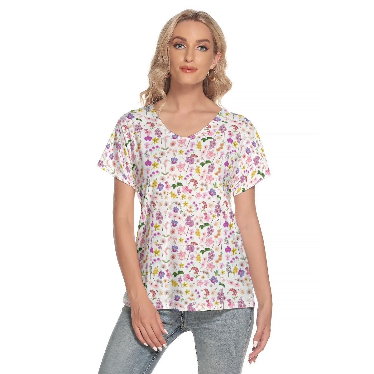 Orchids Graphic V Neck Short Sleeve Top up to 4 XL (FWS)