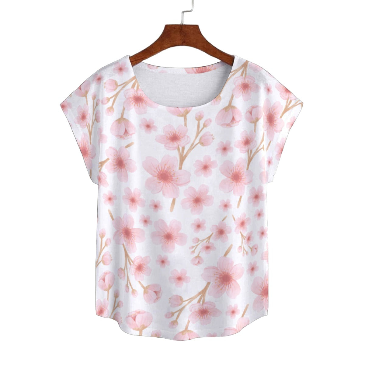 Japanese Pink Flowers White Curved Hem Top Large to 5 XL (FWS)