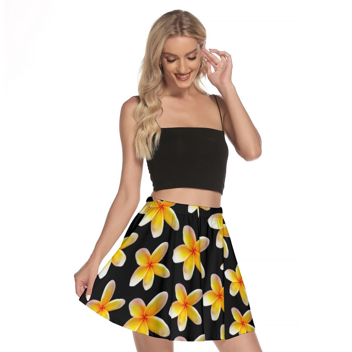 Yellow Frangipanis Black Mini Skirt No Pockets up to 3 XL (FWS)