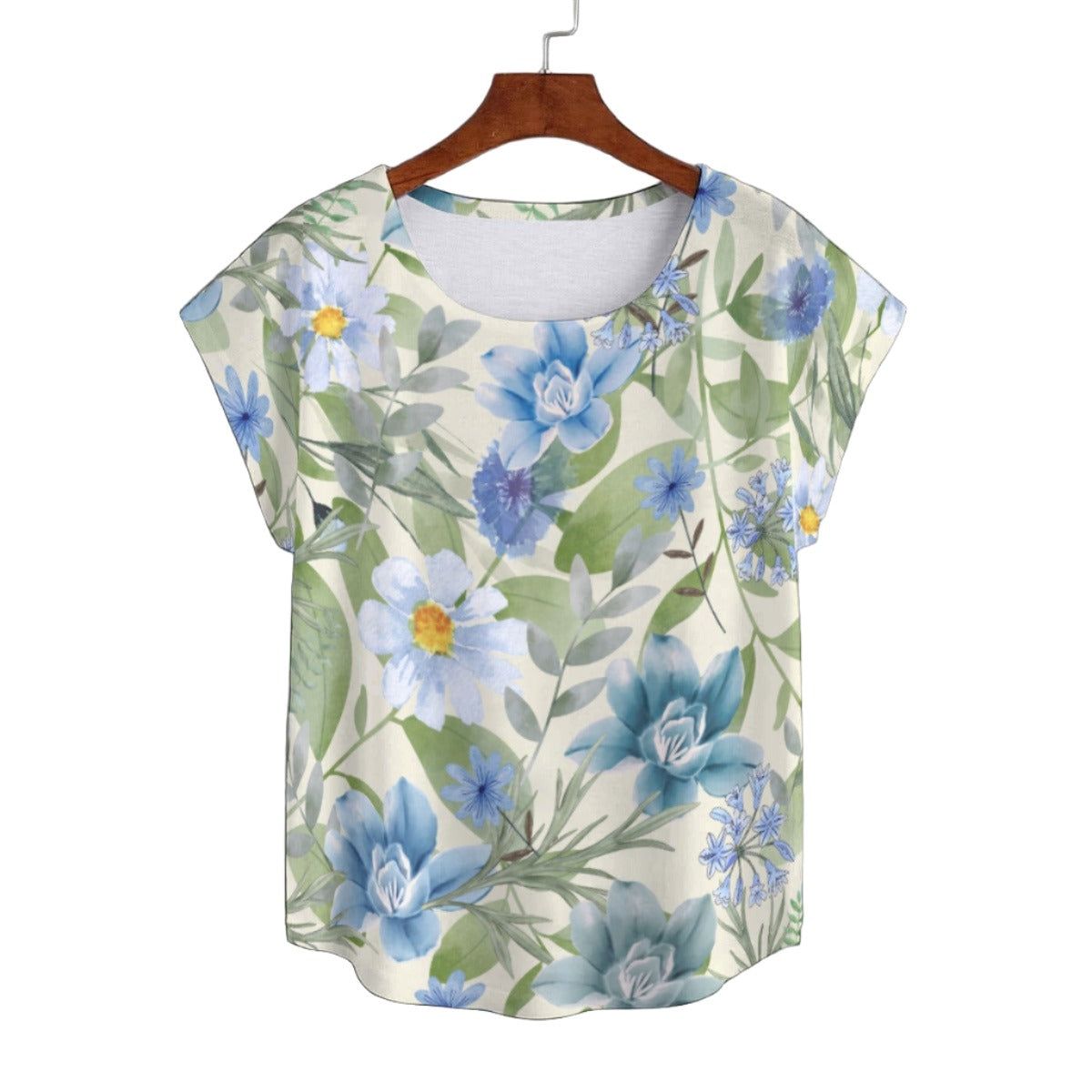 Blue Floral Curved Hem Top Large to 5 XL (FWS)