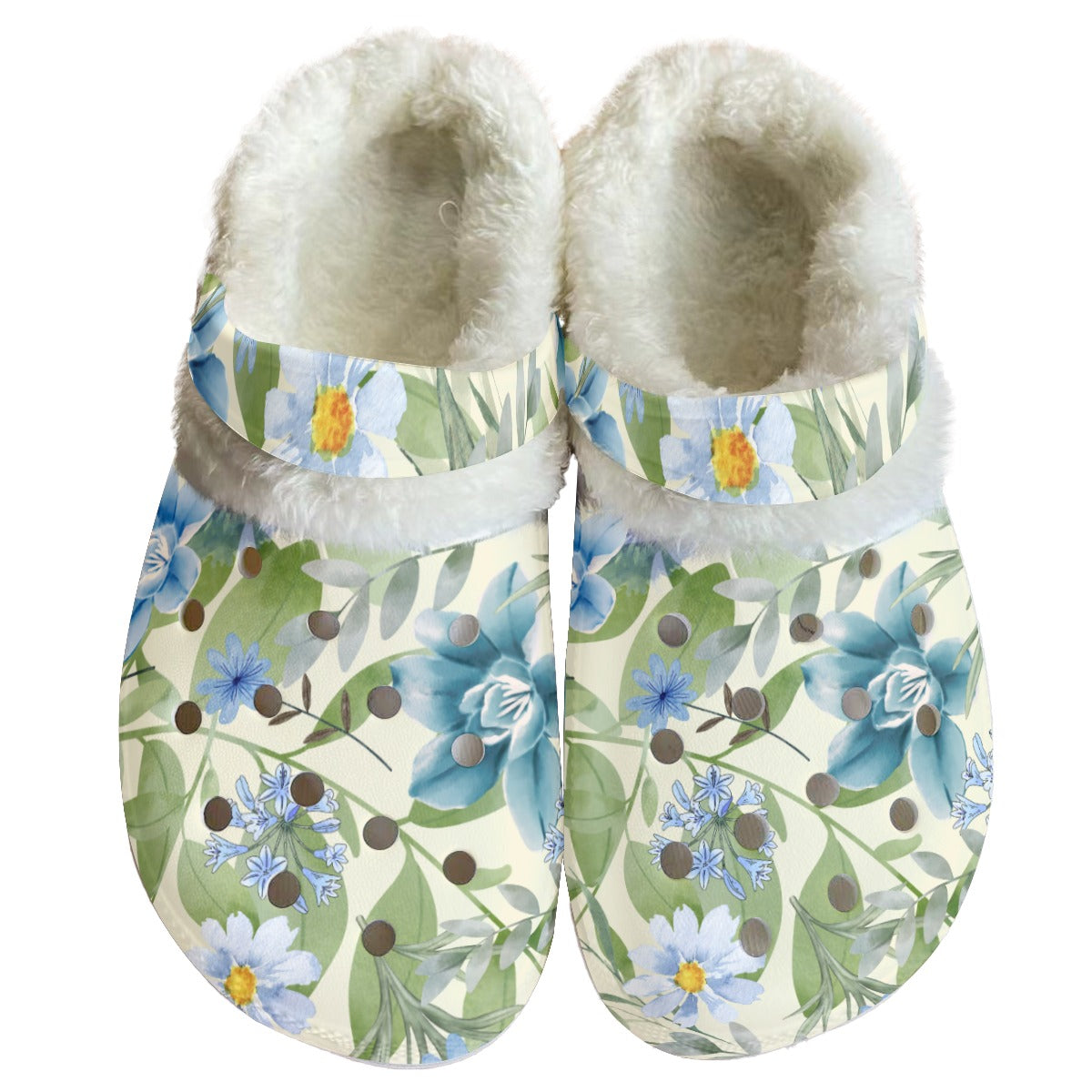 Blue Floral Women's Rubber Clogs with White Fleece