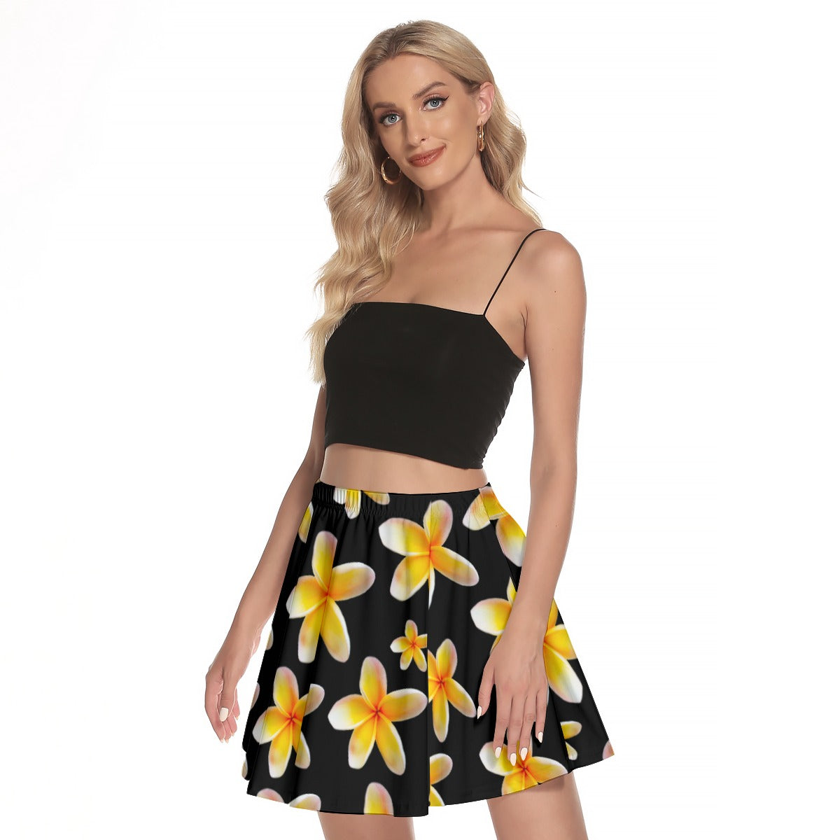 Yellow Frangipanis Black Mini Skirt No Pockets up to 3 XL (FWS)