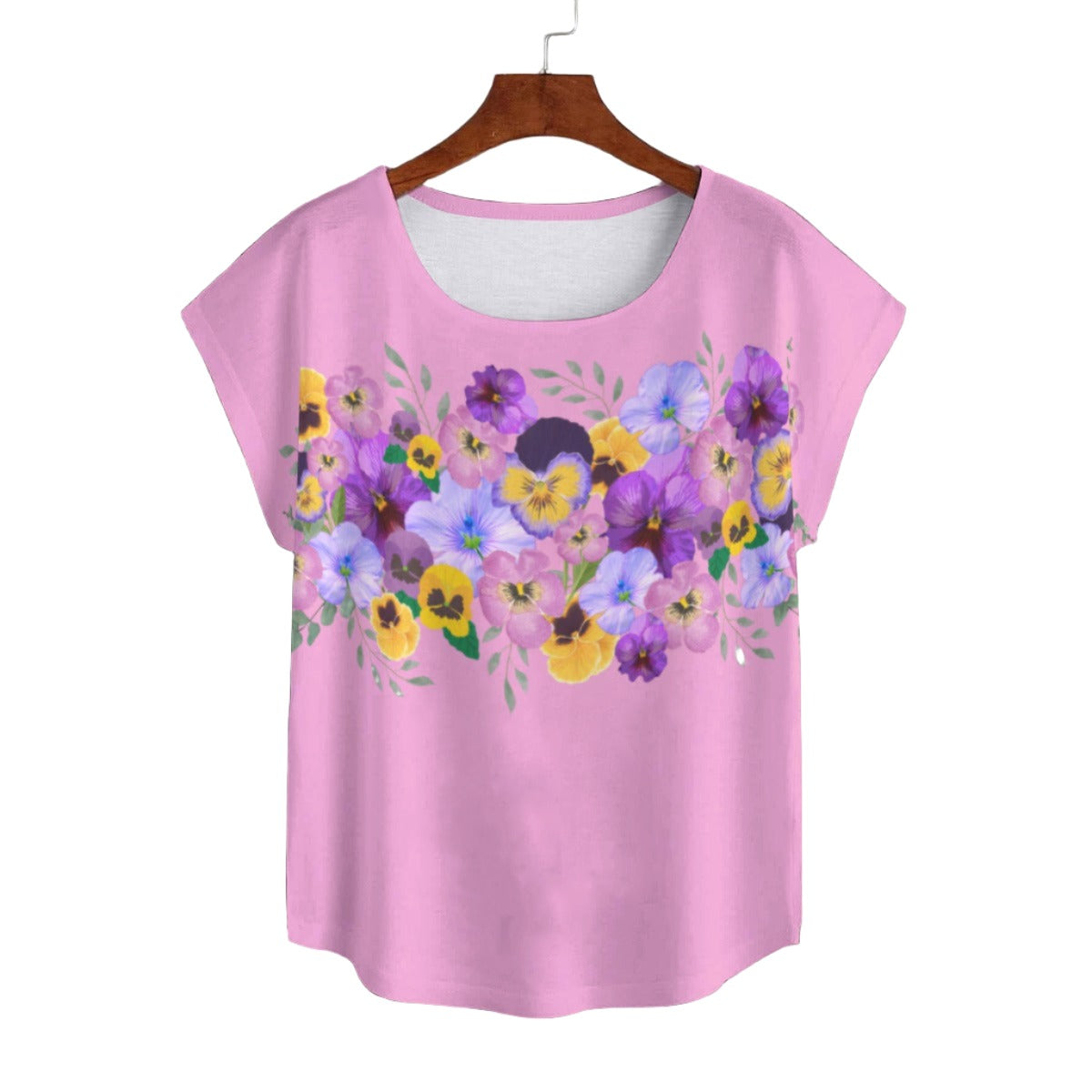 Pink Pansies Curved Hem Top Large to 5 XL (FWS)