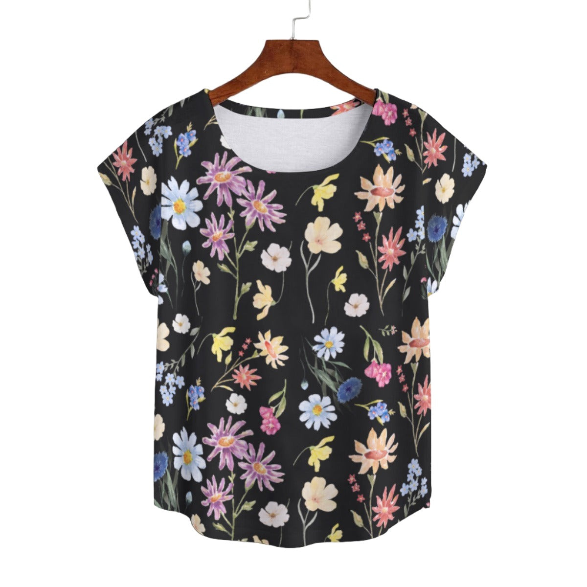 Wildflowers Painted Black Curved Hem Top up to 5 XL (FWS)