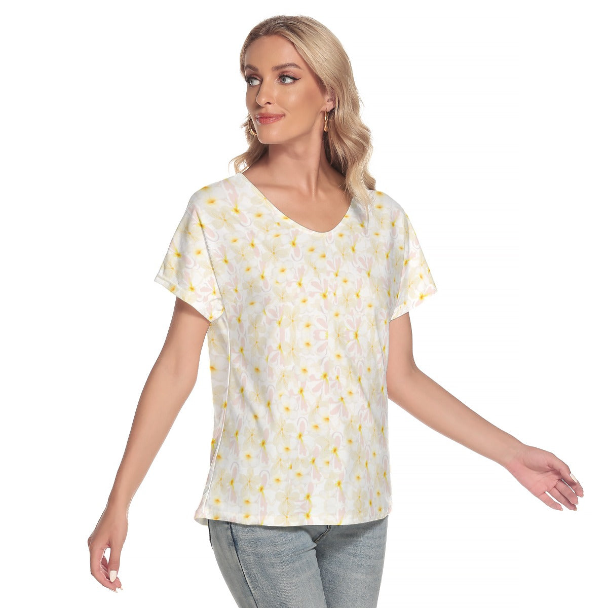 Pastel Frangipanis V Neck Top up to 4 XL (FWS)