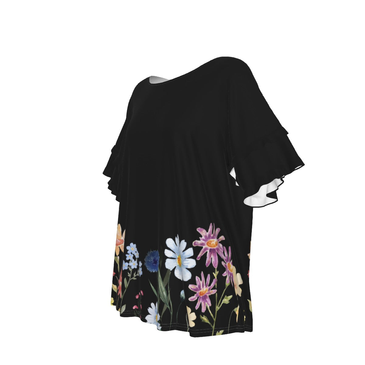 Wildflowers Painted Black Round Neck Top up to 4 XL (FWS)