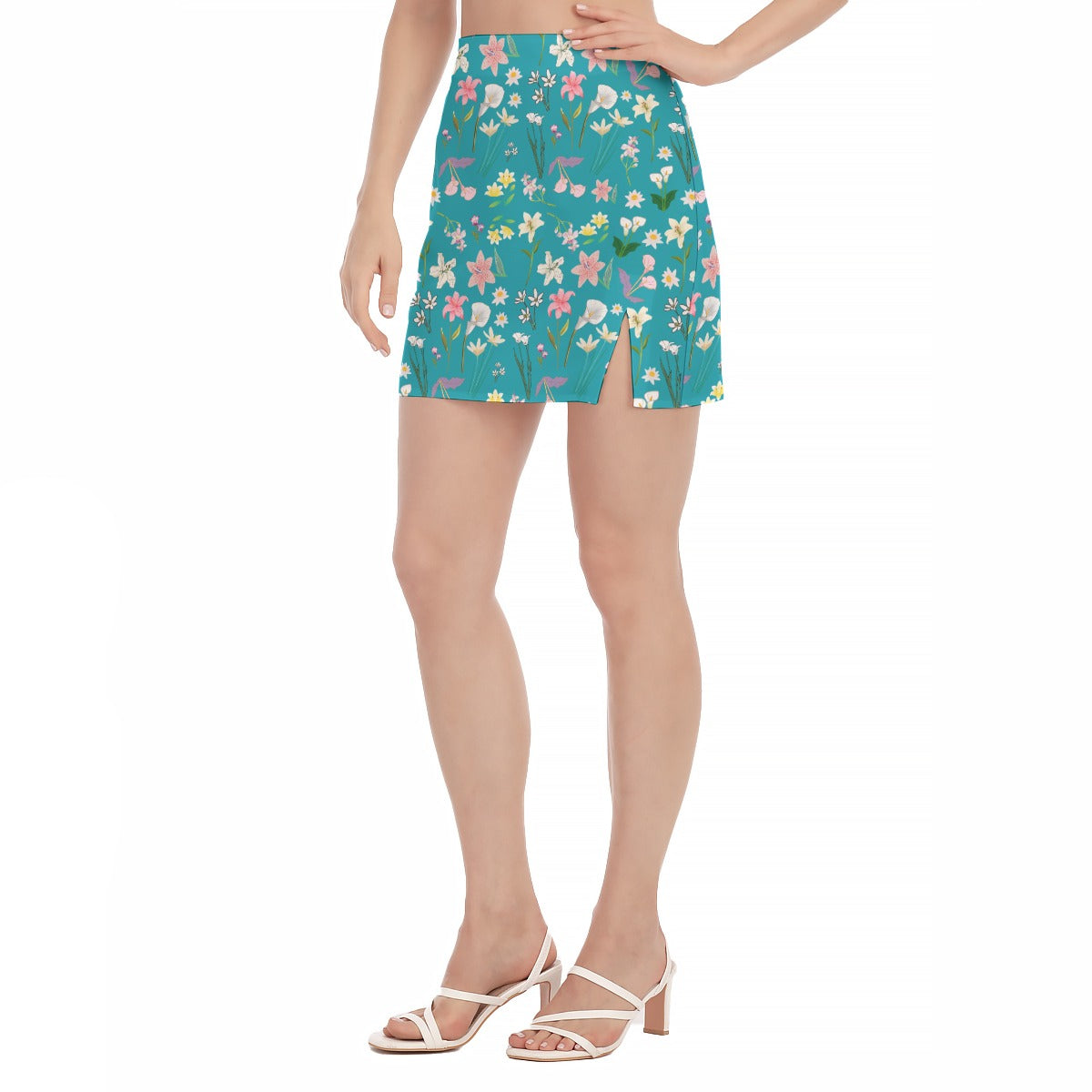 Graphic Lillies Teal Side Split Hip Skirt (FWS)