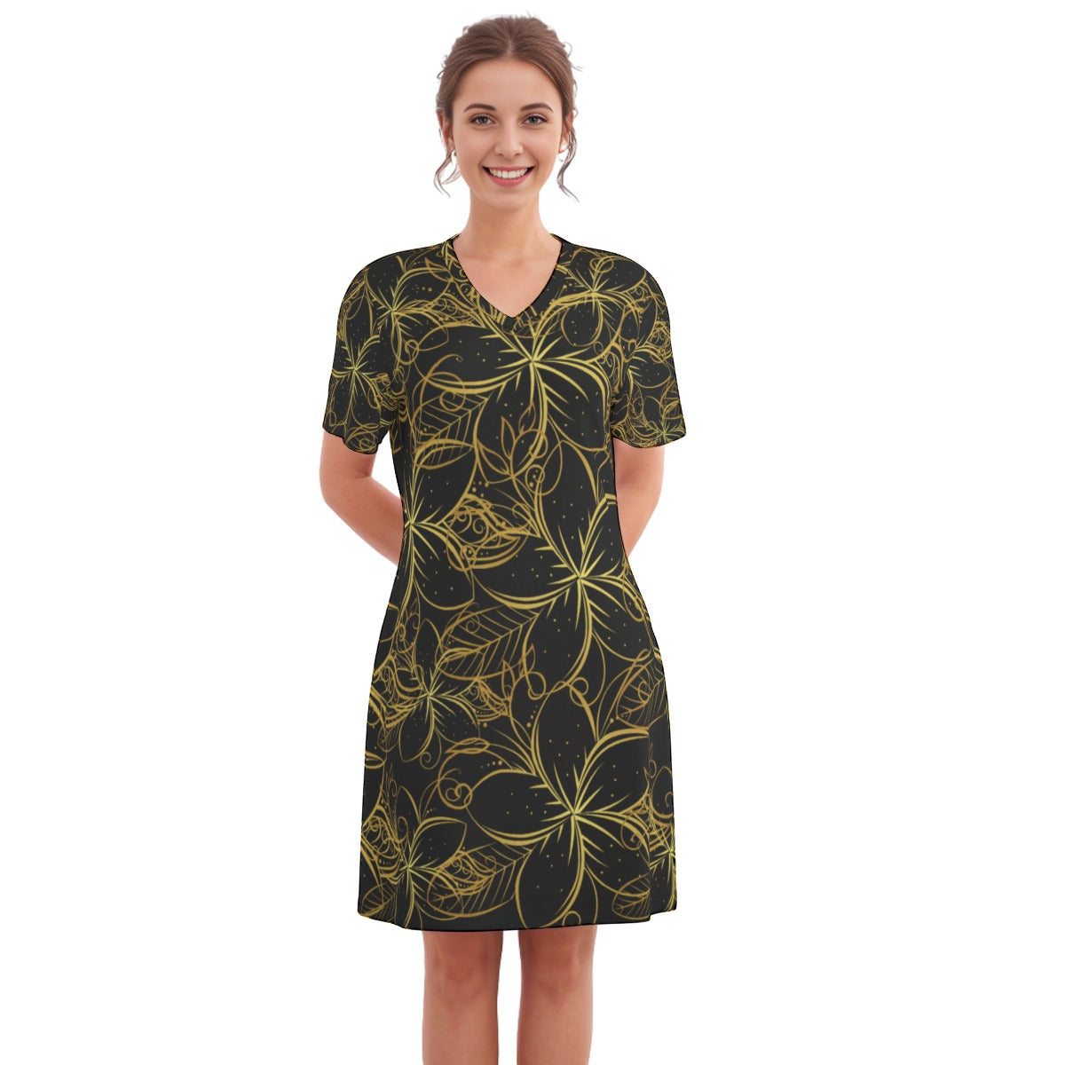 Golden Frangipani Black Women's V Neck Dress|180GSM Cotton up to 3 XL 2