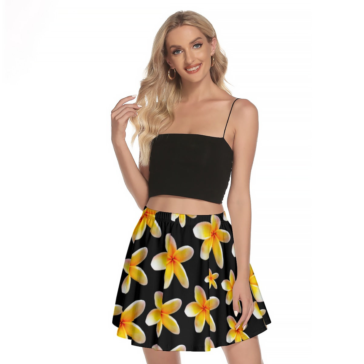 Yellow Frangipanis Black Mini Skirt No Pockets up to 3 XL (FWS)