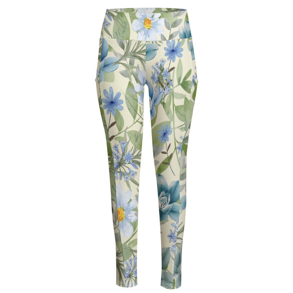 Blue Floral High Waist Leggings With Side Pockets up to 6 XL