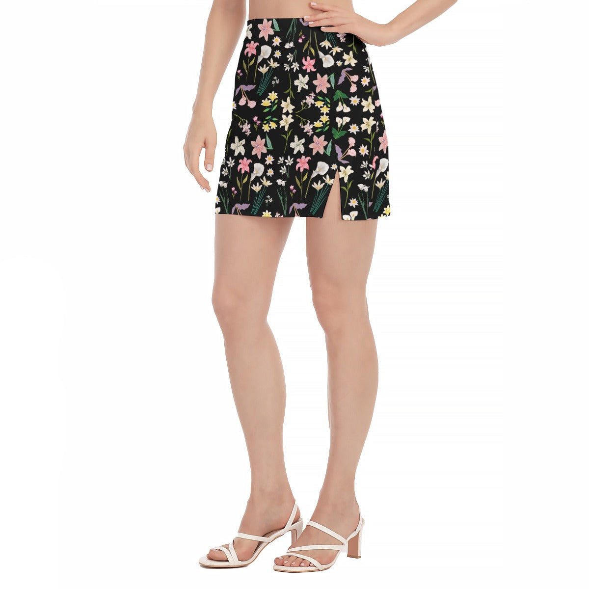 Graphic Lillies Black Side Split Hip Skirt up to 2XL (FWS)