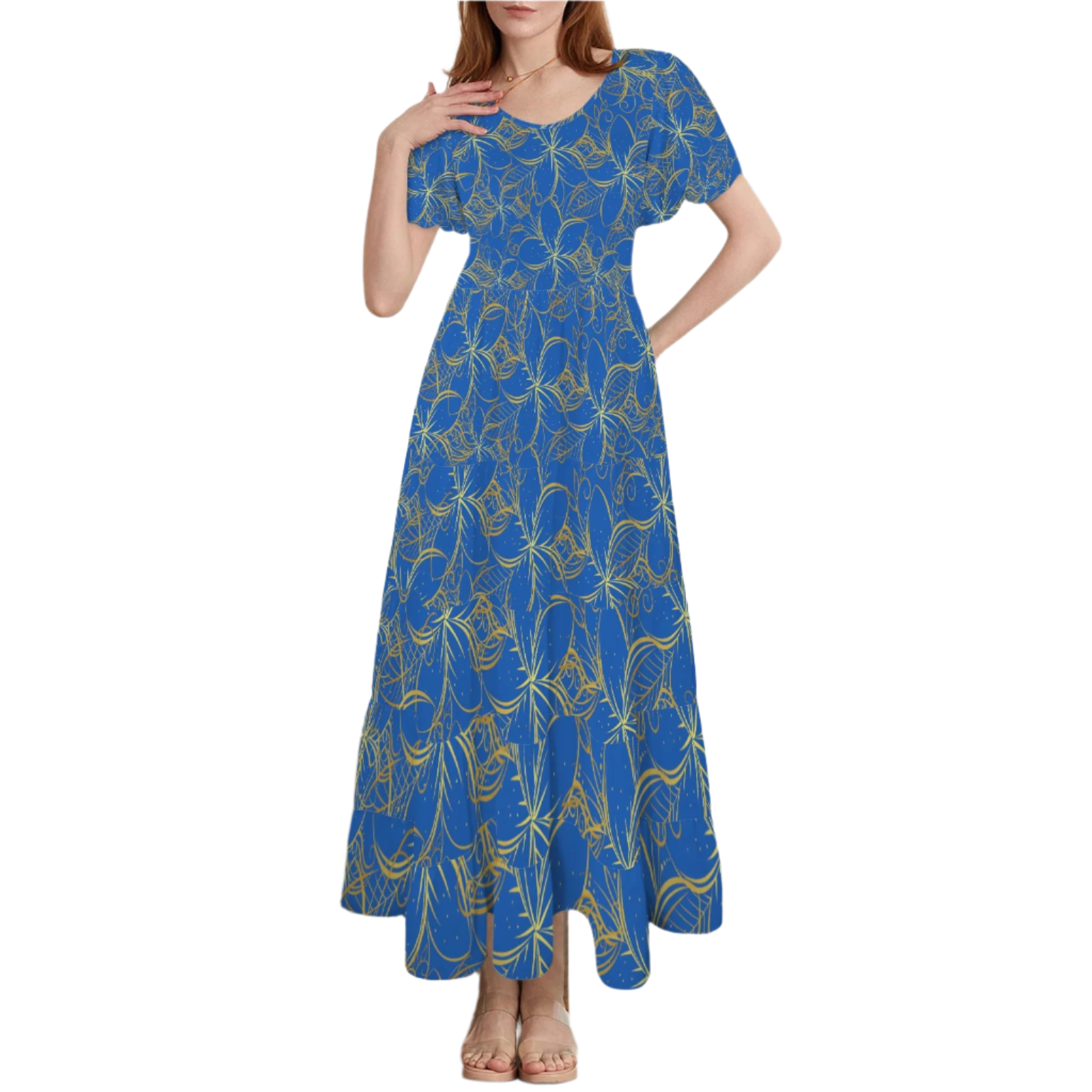 Golden Frangipani Blue Round Neck Maxi Dress up to 5 XL (FWS)