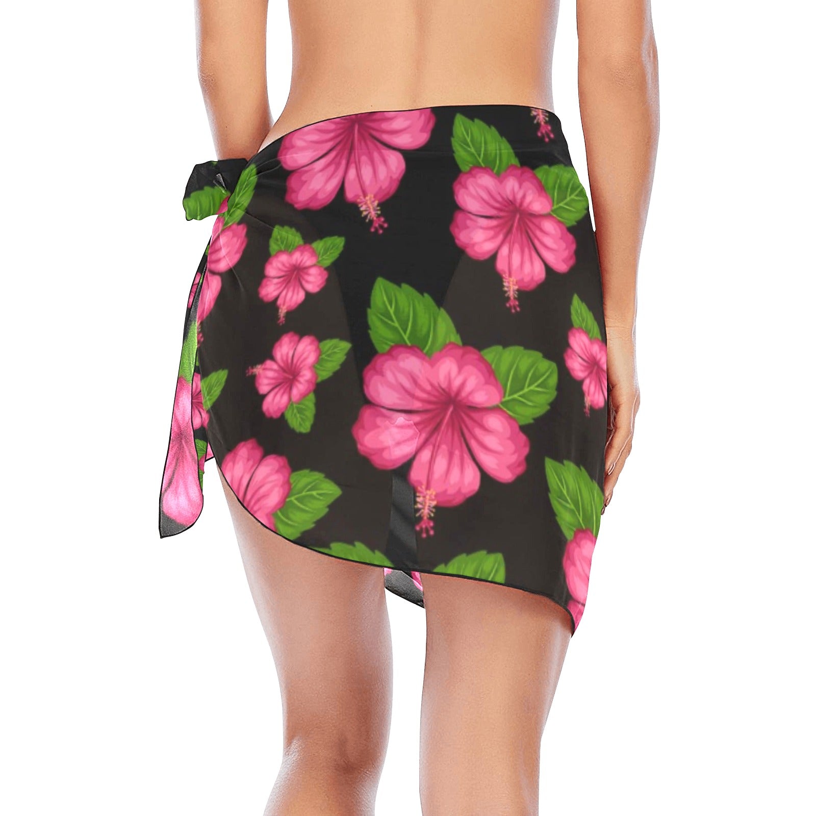 Graphic Pink Hibiscus Black Short Chiffon Sarong Wrap up to 2 XL (FWS)