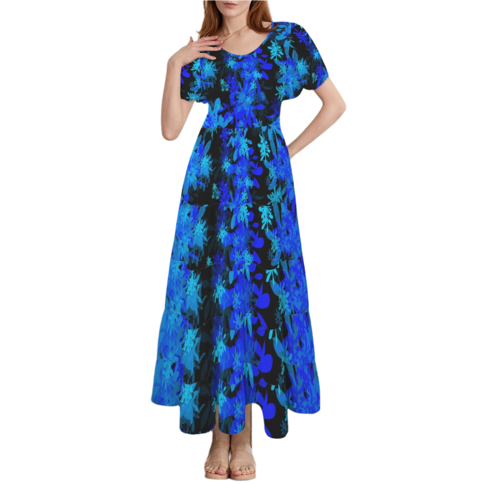 Black & Blue Leaves Round Neck Maxi Dress up to 5 XL (FWS)