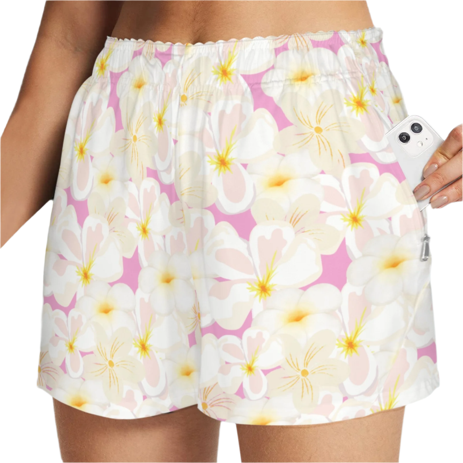 Pastel Frangipanis Pink Zip Pocket Shorts up to 5 XL (FWS)