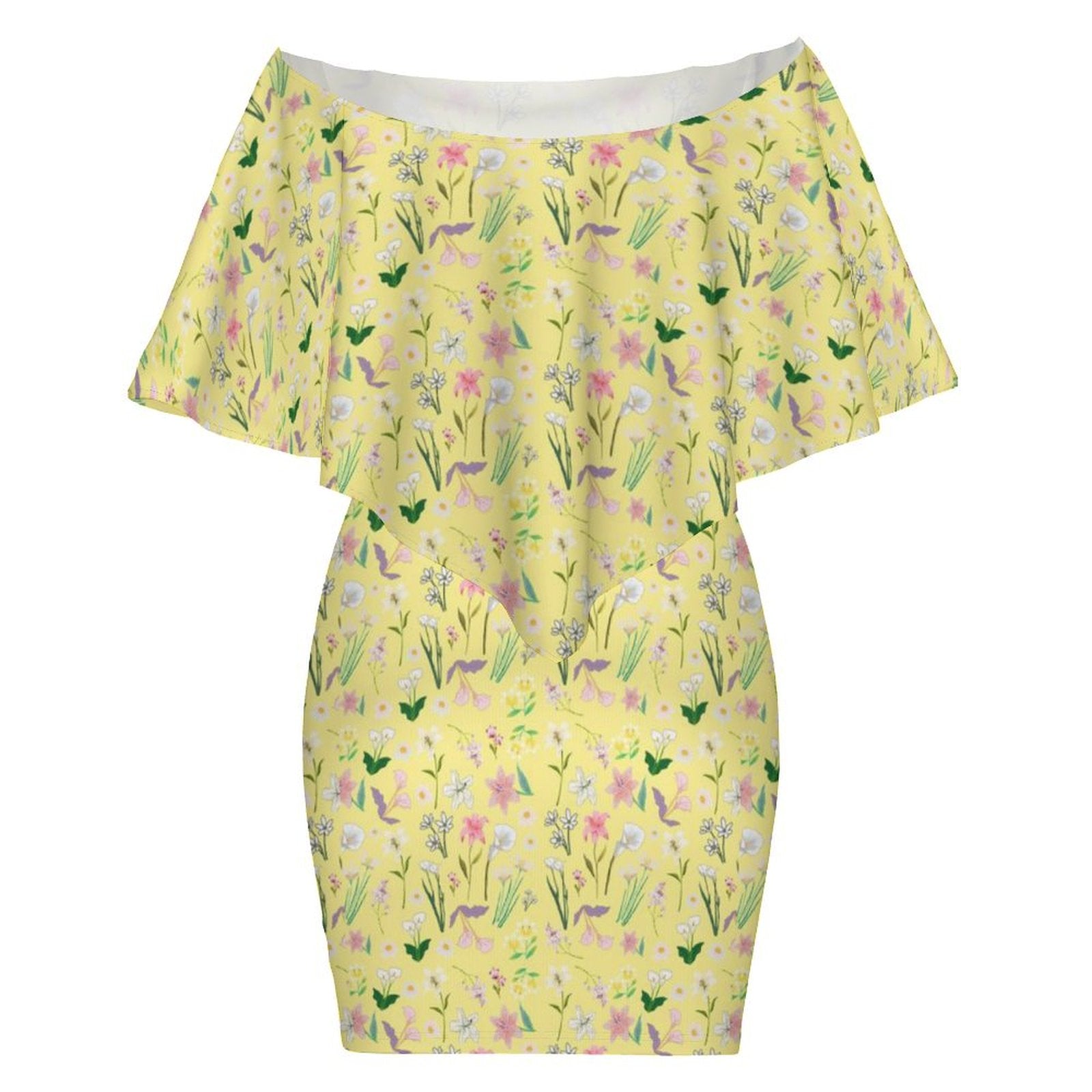 Graphic Lillies Yellow Off Shoulder Dress up to 4 XL (FWS)