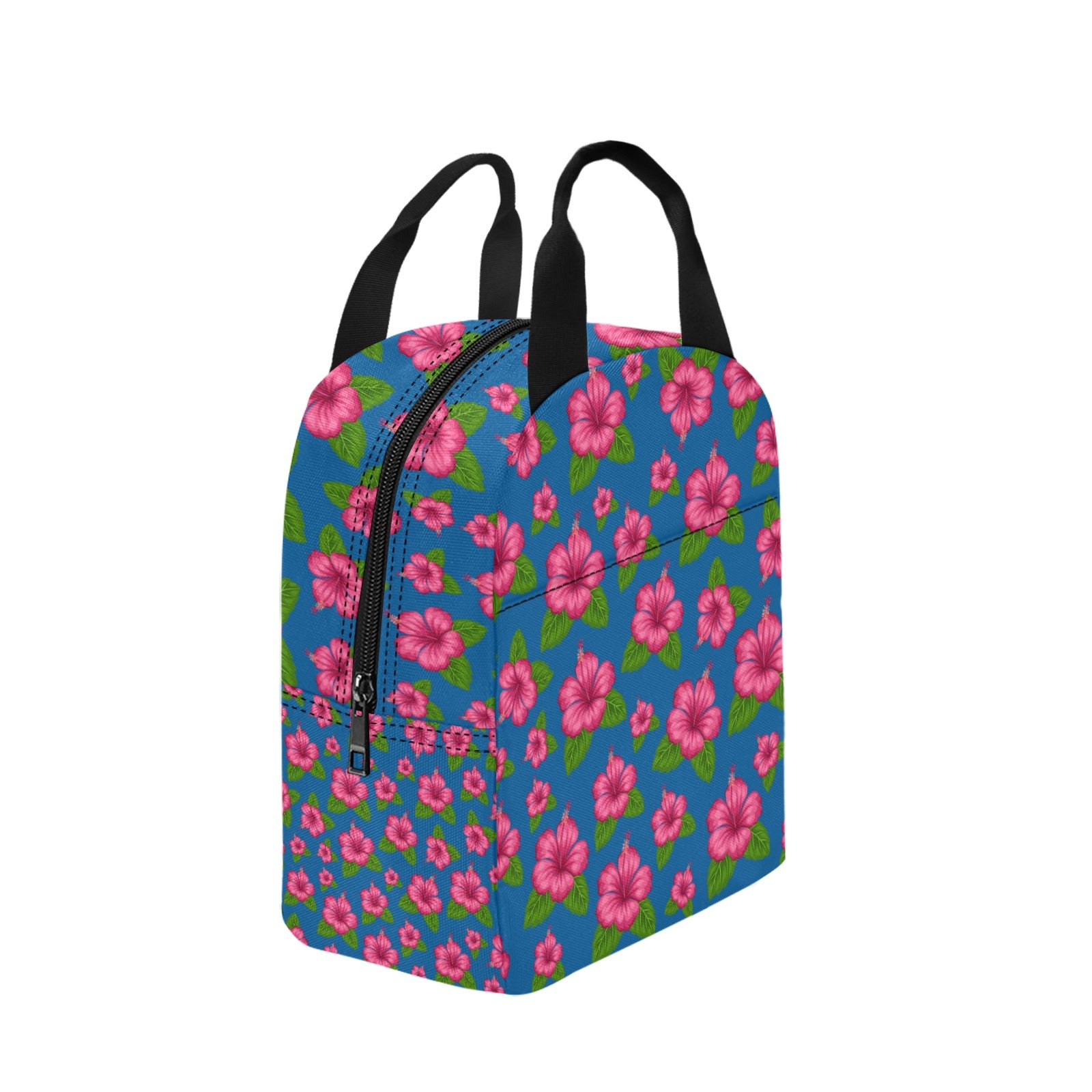 Graphic Pink Hibiscus Blue Insulated Zipper Lunch Bag