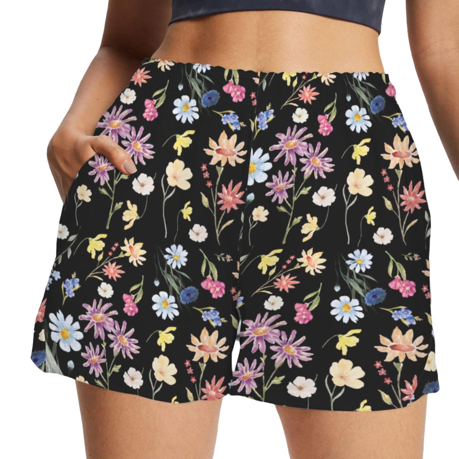 Wildflowers Painted Black Zip Pocket Shorts up to 5 XL (FWS)