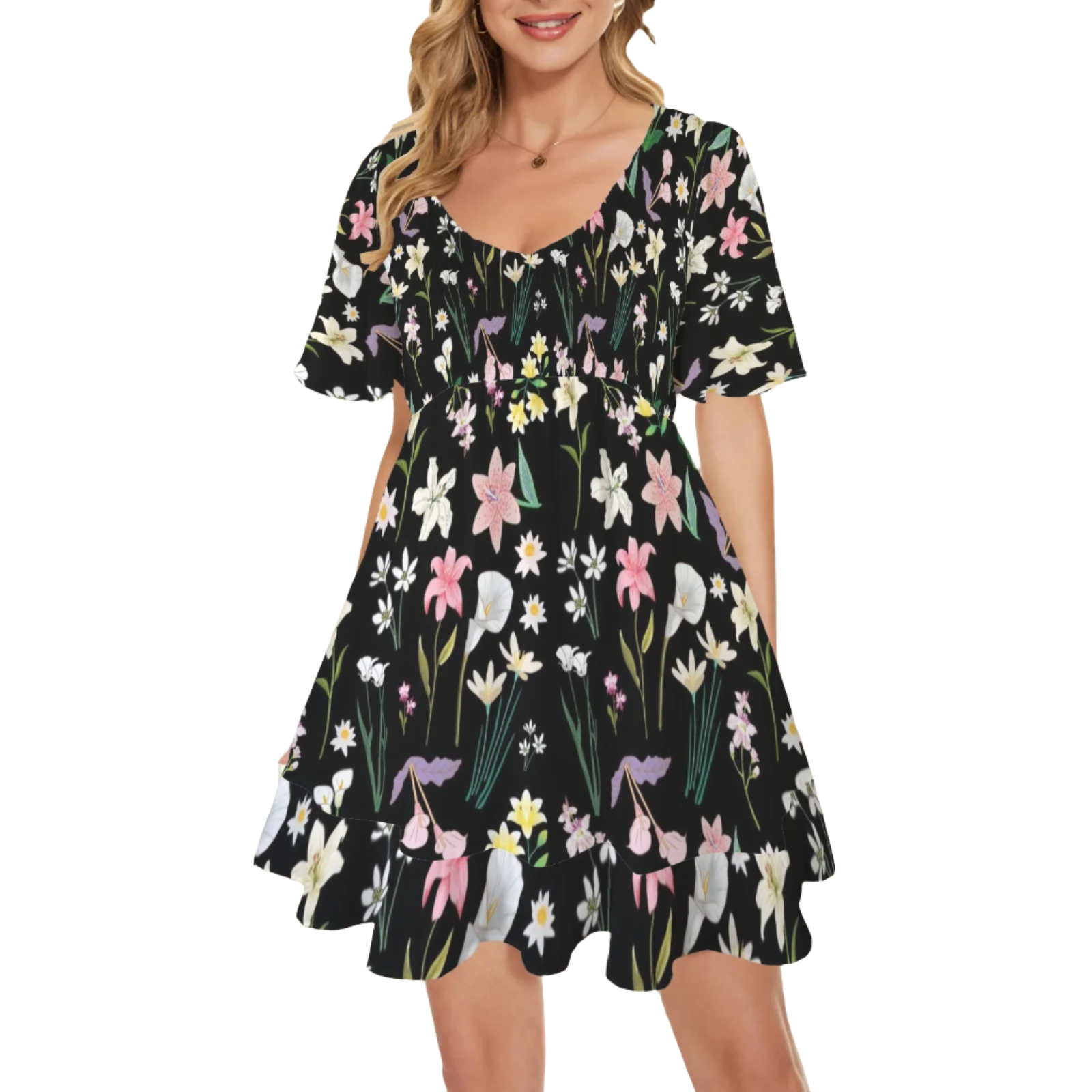 Graphic Lillies Black V Neck Flutter Sleeves Dress up to 5 XL (FWS)