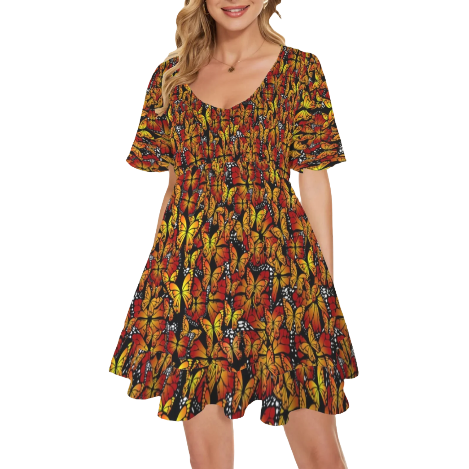 Butterflies Orange V Neck Flutter Sleeves Dress up to 5 XL (FWS)