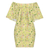 Graphic Lillies Yellow Off Shoulder Dress up to 4 XL (FWS)