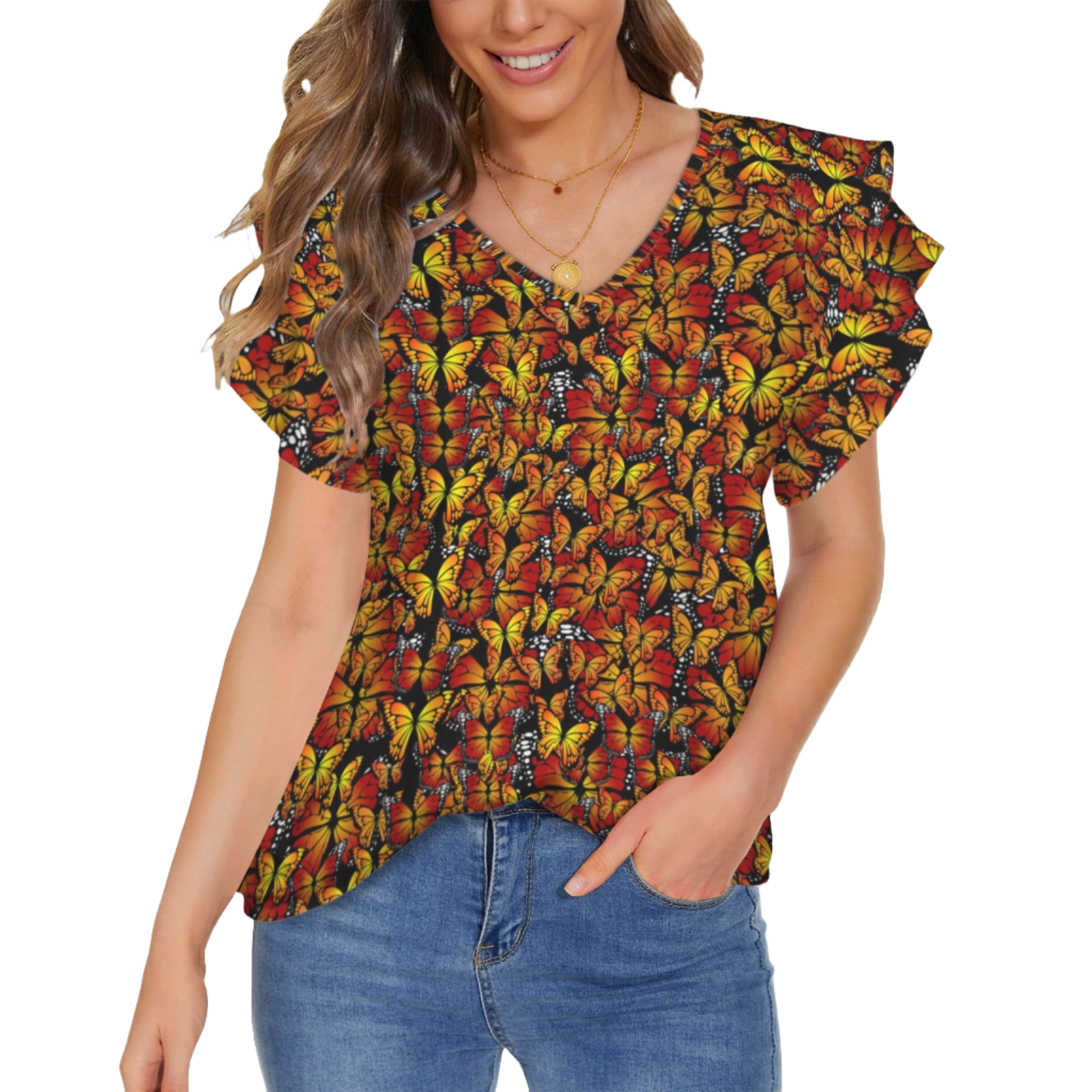 Butterflies Orange V Neck Double Ruffle Sleeve Top up to 5 XL (FWS)