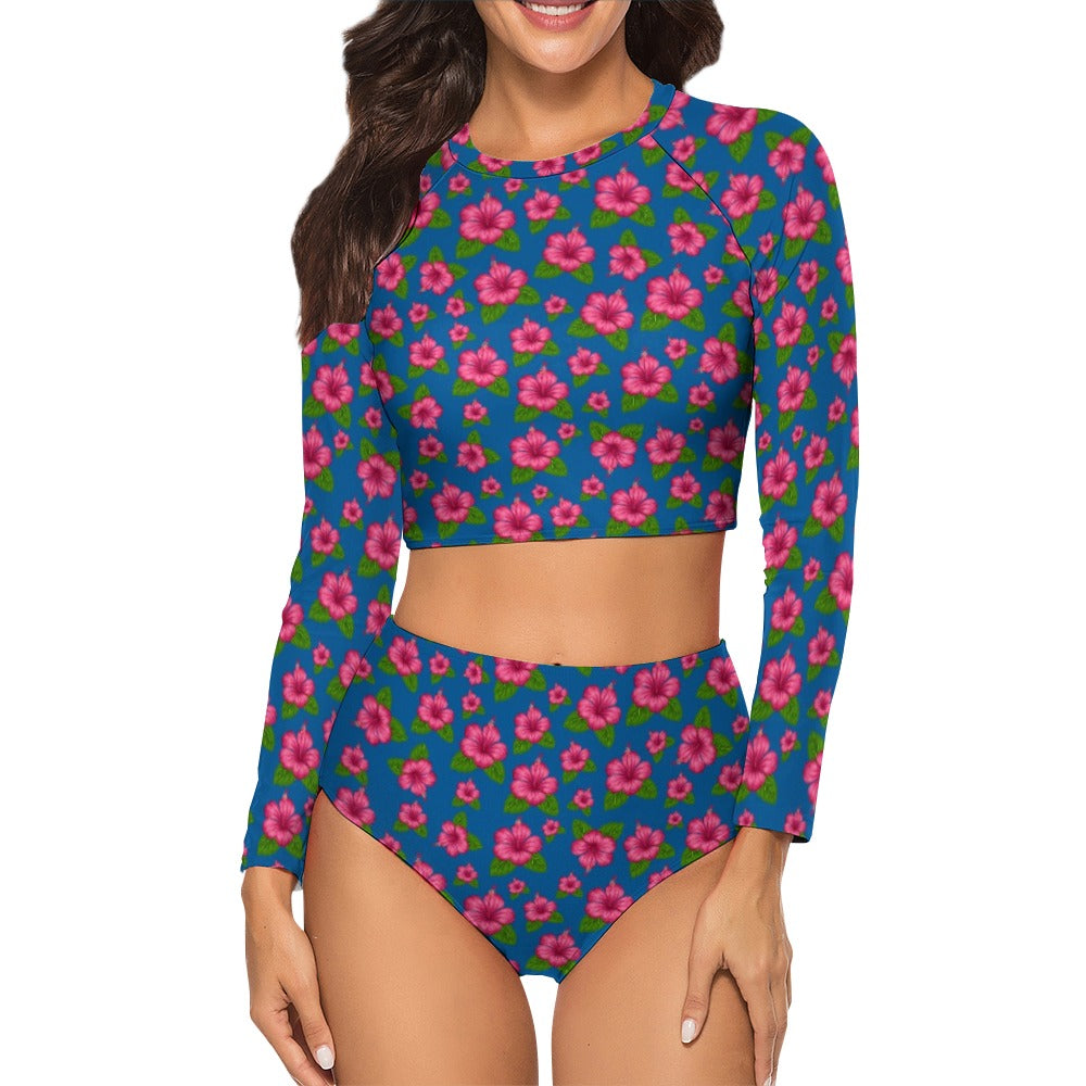 Graphic Pink Hibiscus Blue Long Sleeve Surfing Swimsuit